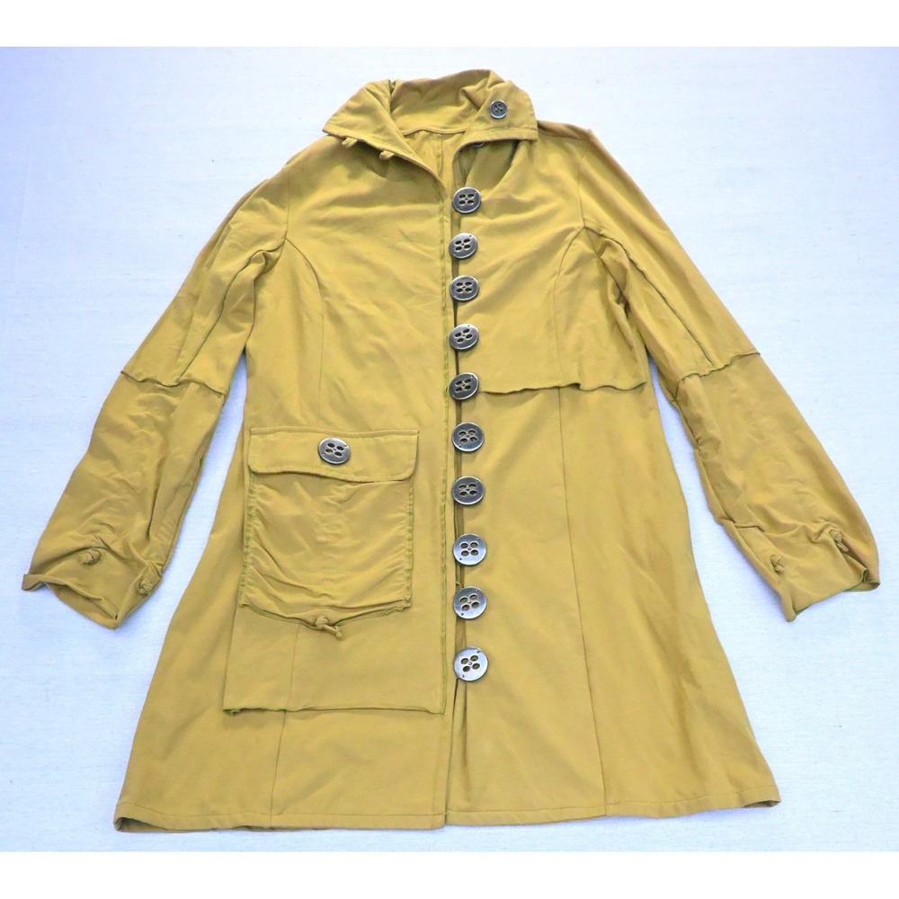 Neon Buddha Womens M Cotton Knit Button Up Dress Olive Green Belted Stand Collar